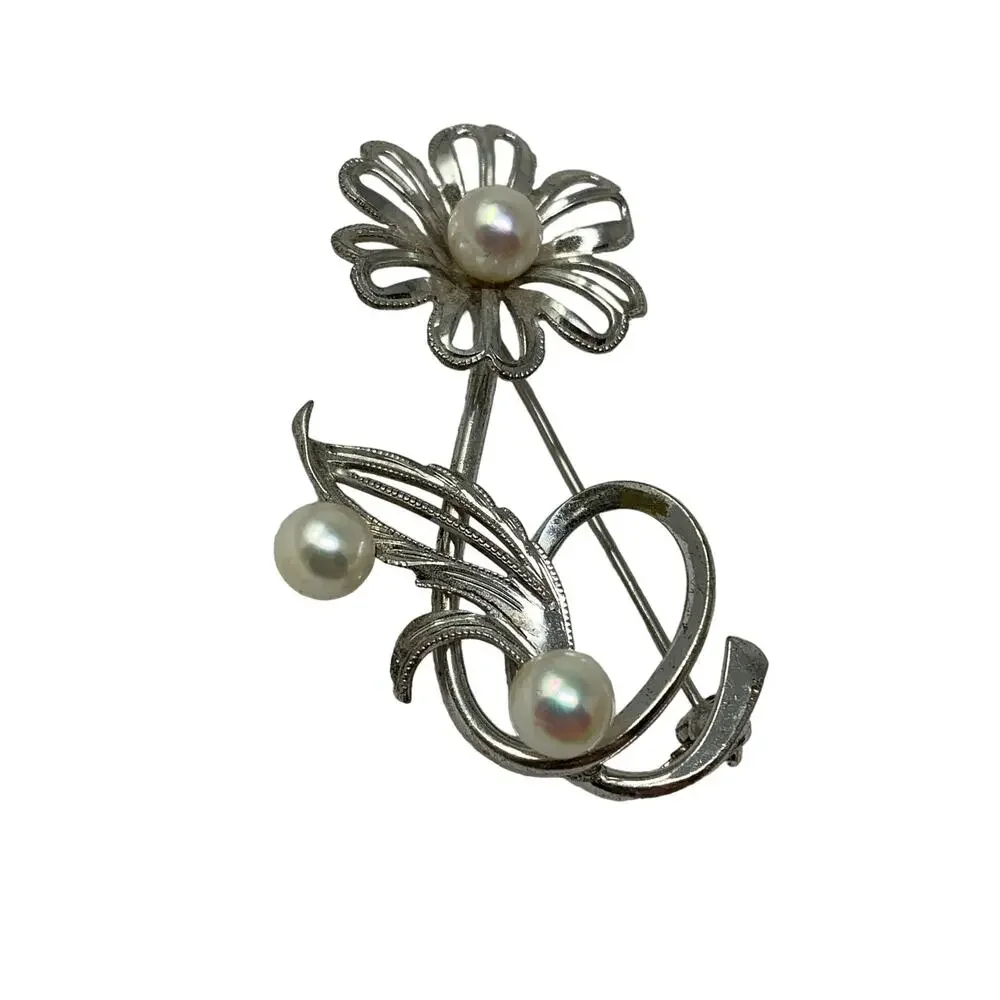Vintage Floral Brooch Sterling Silver Pearl Details